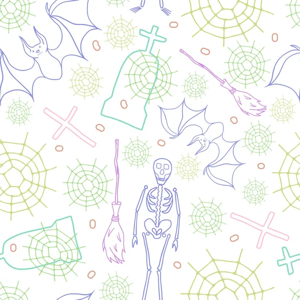 Cobweb Tombstone Crosses Bat Skeleton Broom Seamless Vector Pattern Halloween — Stock Vector