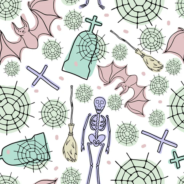 Spinnennetz Grabstein Kreuze Fledermaus Skelett Besen Nahtloses Vektormuster Doodle Illustration — Stockvektor