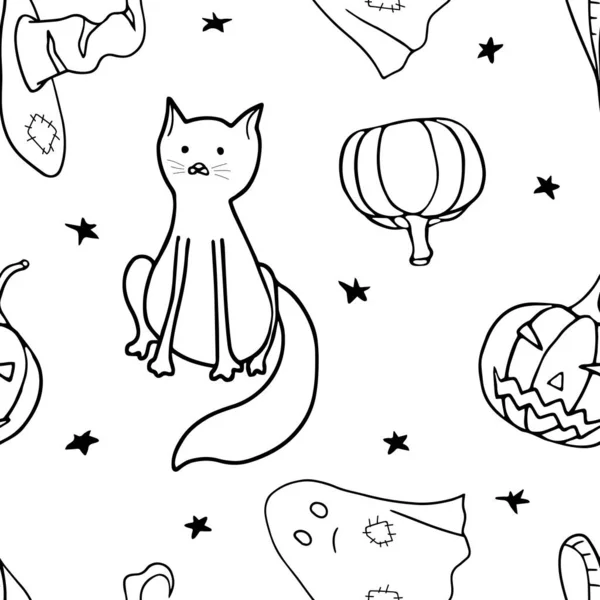 Monokróm Illusztráció Kalap Macska Tök Szellem Csillagok Doodles Halloweenre Vektor — Stock Vector