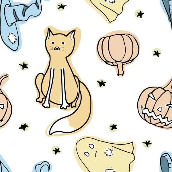 Hat Cat Pumpkin Ghost Drawings Halloween Vector Seamless Pattern — Stock Vector