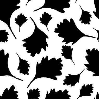 Beyaz arka planda siyah yapraklar. Vektör kusursuz desen. Çizim illüstrasyonu.