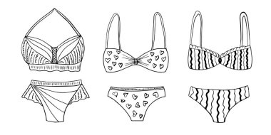 İç çamaşırı seti. Karalama çizimi. Tasarım için vektör izole ögeler.