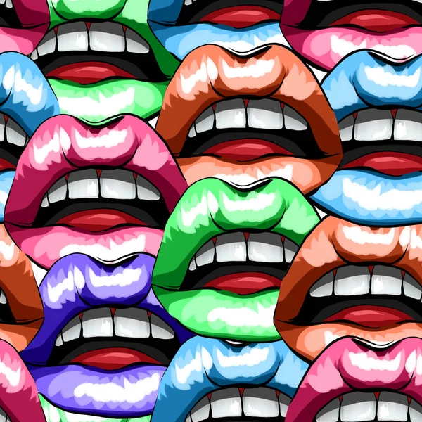 Open mouths. Teeth, tongue, painted lips. Seamless pattern. Digital painting.