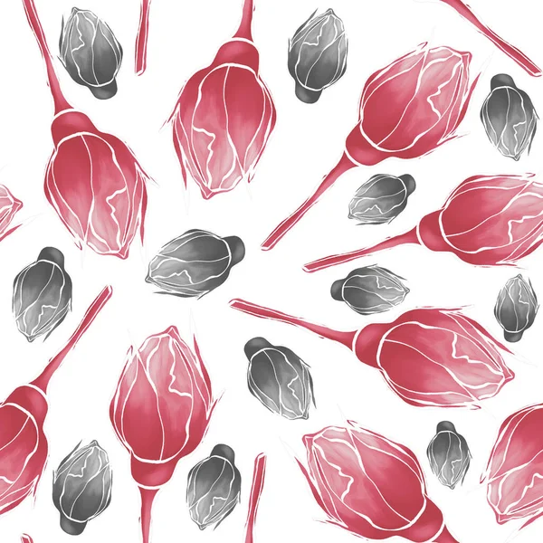 Virágos Zökkenőmentes Minta Rózsaszín Szürke Rózsák Fehér Alapon Digitális Festészet — Stock Fotó