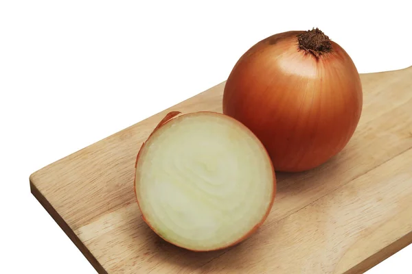 Onion Bulb Crosscut Whole Half Wooden Cutting Board Isolated White Stock Image