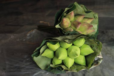 Nilüfer yaprağında iki demet nilüfer tomurcuğu çiçeği. Budizm sunar.