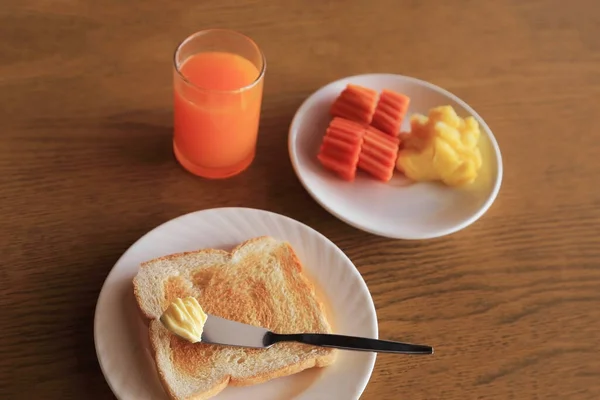 Set Healthy Breakfast Plate Toast Butter Fresh Fruit Orange Juice — Stock Photo, Image