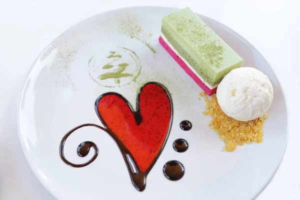 Red Heart Dessert Plate Cake Vanilla Icecream White Dish White — Stock Photo, Image