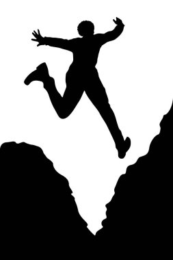 Siluet adam boşluktan elleri havada atlıyor. Resim grafik simgesi