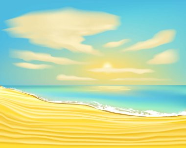 Yaz arkaplanı, tropikal manzara, dalgalı ve bulutlu sahilin vektör çizimi. Deniz kıyısının vektör karikatür biçimi
