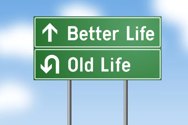 Road Sign Better Life - Old Life on green background against blue sky — Stock Photo, Image