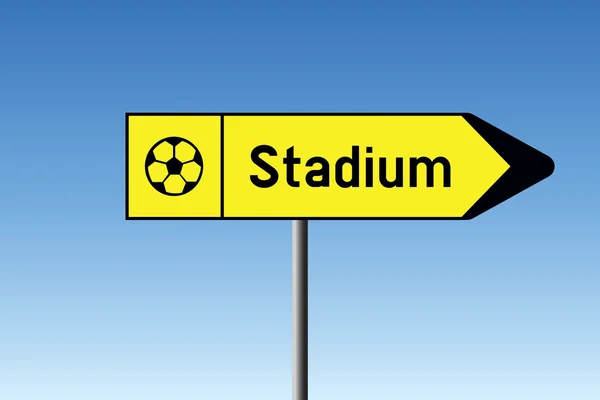 Weg teken stadion met voetbal bal pictogram op gele achtergrond tegen blauwe hemel in vector — Stockvector