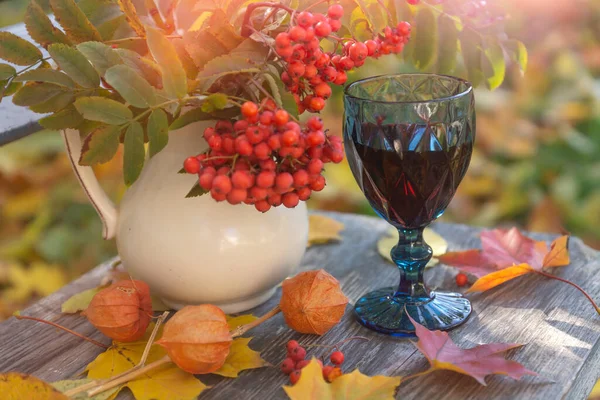 Sonbahar Bir Bardak Kırmızı Şarapla Sakin Bir Hayattır — Stok fotoğraf