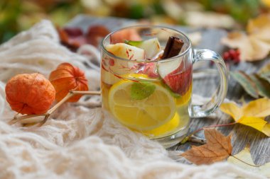 Bir fincan meyve, kitap, sıcak bir mendil ve düşmüş yapraklarla dolu bir sonbahar hayatı..