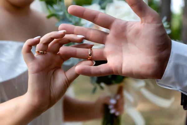 Altın Alyansları Olan Yeni Evlilerin Elleri — Stok fotoğraf