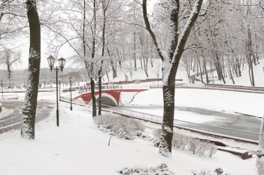 Kışın karla kaplı park manzarası, karla kaplı ağaçlar, çalılar ve bir köprü, Gomel, Belarus.
