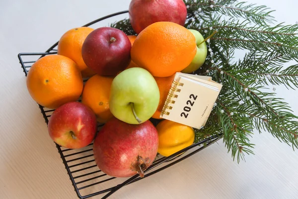Fruit Tea Various Fruits Basket Table Calendar 2022 Winter Mood — Fotografia de Stock