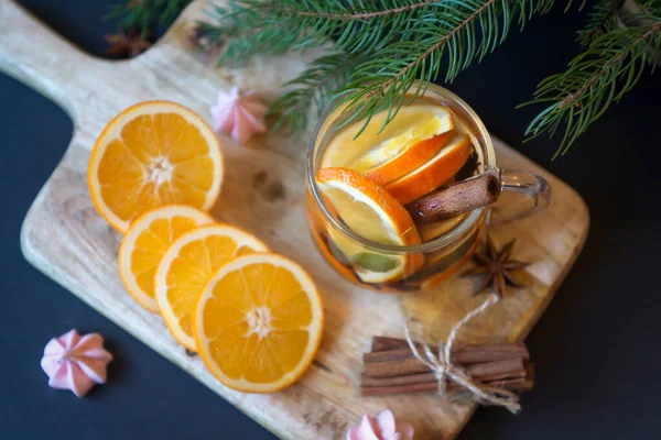 Fruit Tea Oranges Various Sweets New Year Table — Stock Photo, Image