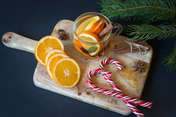 Fruit Tea Oranges Various Sweets New Year Table — Stock Photo, Image