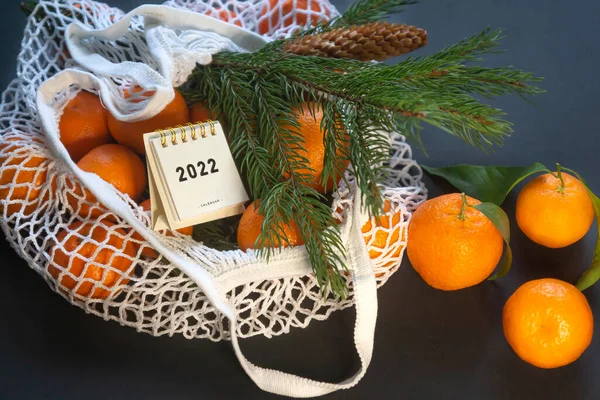 Grid Ripe Tangerines Dark Background New Year Treat Calendar 2022 — Stock Photo, Image