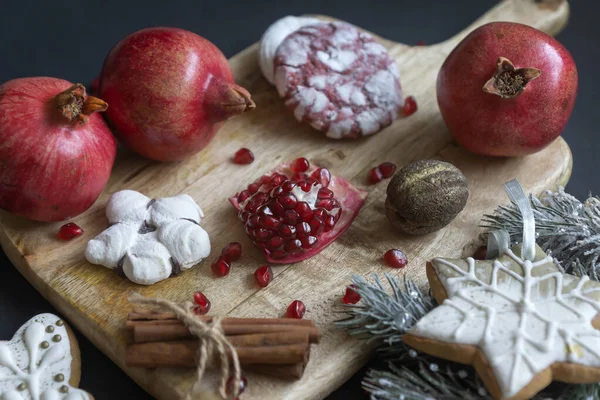 Pomegranate Fruits Pomegranate Cookies Jewish Holiday Rosh Hashanah Wooden Background — Stock Photo, Image