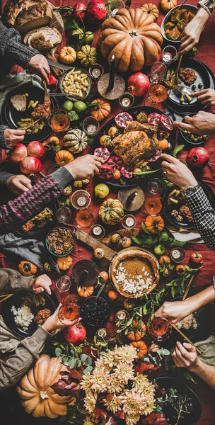 Family Celebrating Thanksgiving Day Flat Lay Eating Drinking Peoples Hands — Stock Photo, Image