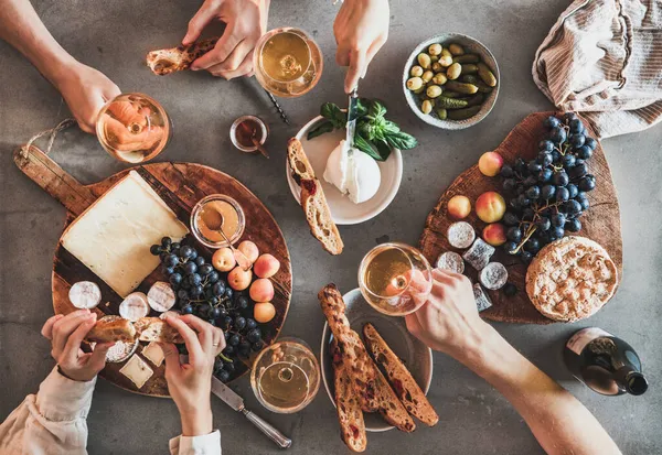 Flat Lay Human Hands Drinking Wine Eating Fresh Cheese Fruits — Stock Photo, Image