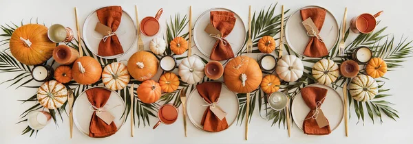 Festive Table Setting Thanksgiving Day Holiday Dinner Flat Lay White Royalty Free Stock Photos