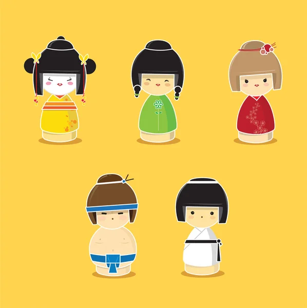 Bonecas asiáticas, personagens japoneses — Vetor de Stock