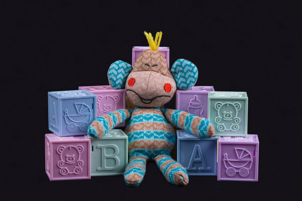 Socks toy monkey sits on bricks