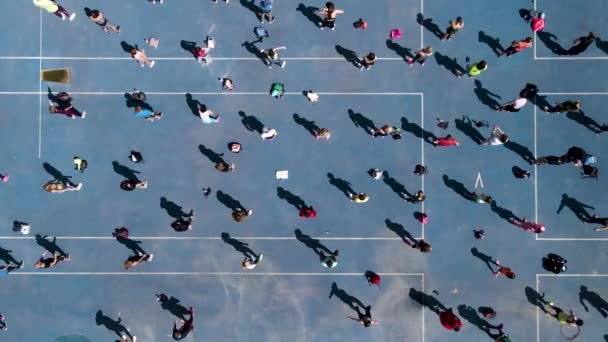 Vue aérienne d'un drone à un groupe de personnes qui font de la gymnastique, de l'aérobic et des sports — Video