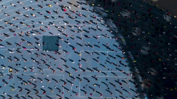 Vue aérienne d'un drone à un groupe de personnes qui font de la gymnastique, de l'aérobic et des sports — Video