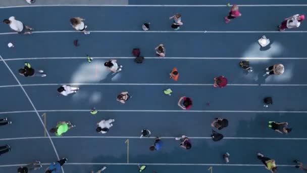 Vista aérea desde un dron a un grupo de personas que se dedican a la gimnasia y aeróbic y deportes — Vídeo de stock