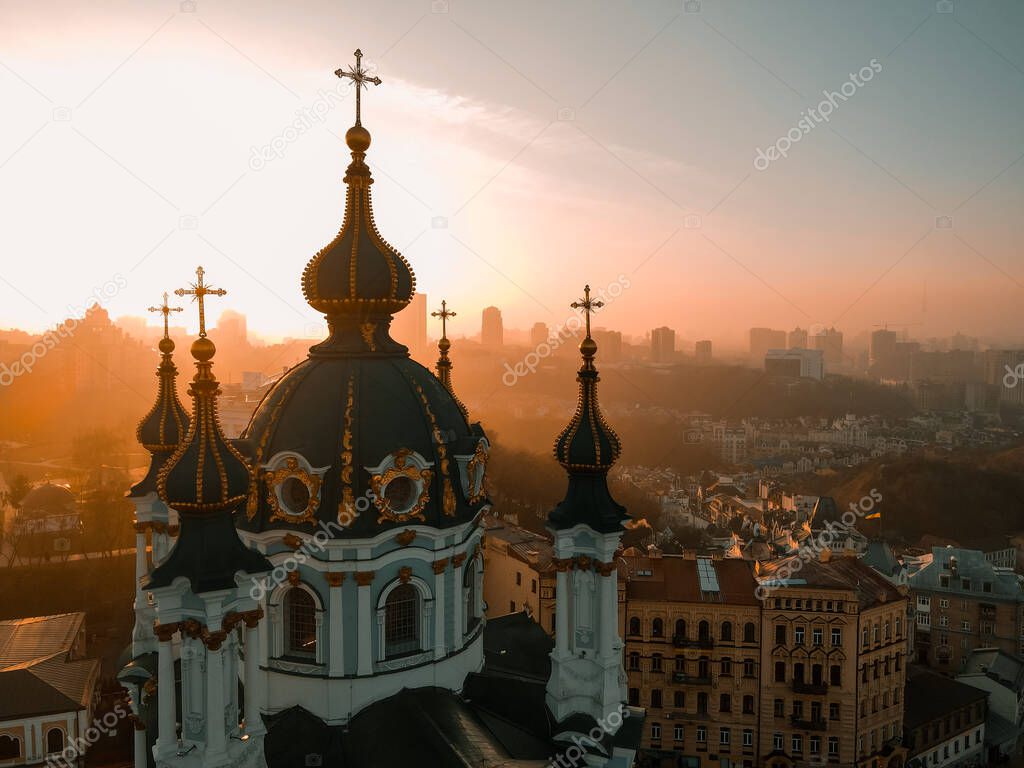 Aerial view from a drone of St. Andrew's Church in Kiev in autumn at sunset outdoor