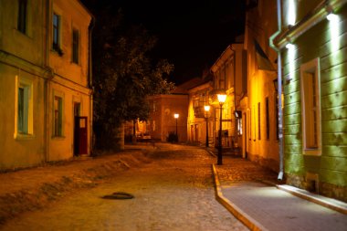 Gece vakti Kamyanets-Podilskyi 'deki sokağa bak.