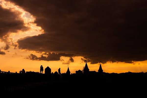 Silhouette of an old medieval castle during sunset — Stock Photo, Image