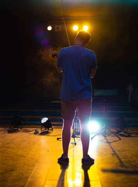 Άποψη από το πίσω μέρος ενός άνδρα που παίζει βιολί στη σκηνή — Φωτογραφία Αρχείου