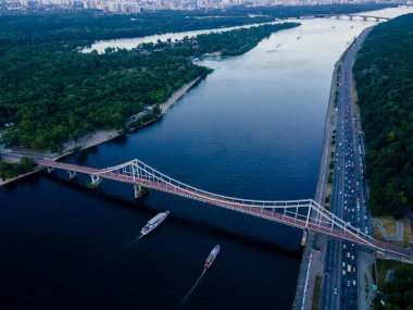 Aerial view from a drone to the center of Kiev in the evening