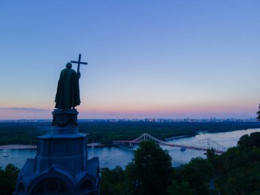 Aerial view from a drone to the center of Kiev in the evening