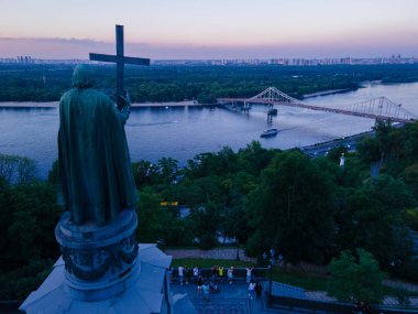 Aerial view from a drone to the center of Kiev in the evening