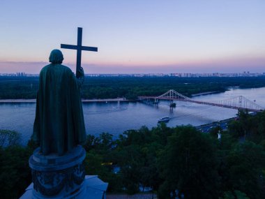 Aerial view from a drone to the center of Kiev in the evening