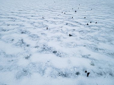 Bir grup balıkçı kışın balık tutar.
