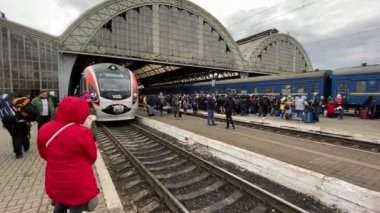 Lviv, Ukrayna 02.26.2022 - Ukrayna 'nın dört bir yanından mülteciler ve yerlerinden edilmiş insanlar Rus işgalinden kaçıyorlar. İnsanlar Polonya 'ya doğru gidiyor..