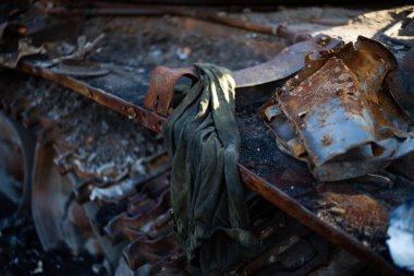 The destroyed and burned modern tank of the russian army in Ukraine in the war in 2022