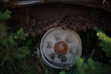 The destroyed and burned modern tank of the russian army in Ukraine in the war in 2022