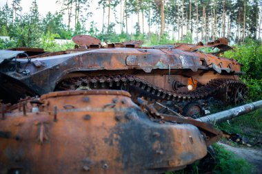 The destroyed and burned modern tank of the russian army in Ukraine in the war in 2022