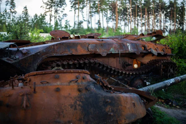 Destroyed Burned Modern Tank Russian Army Ukraine War 2022 — Zdjęcie stockowe