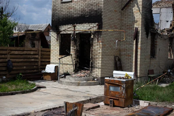 Destroyed Houses Fires Artillery Russias Invasion Ukraine — стоковое фото