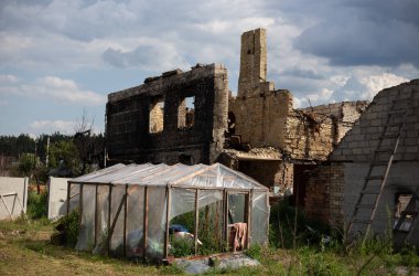 Destroyed houses after fires and artillery during russias invasion of Ukraine