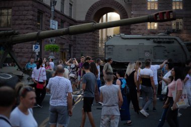 Kyiv, Ukraine August 22, 2022 Exhibition of broken and burned Russian tank on the main street of Kiev Khreschatyk for Independence Day